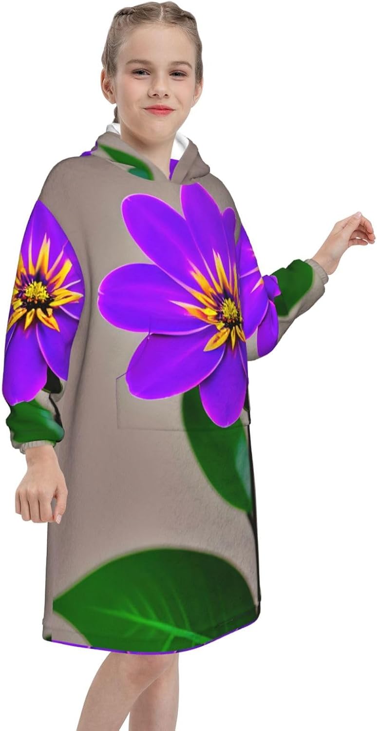 Purple Flower Print Oversized Blanket Hoodie, Wearable Blanket Hooded,Hooded Pullover With Pocket