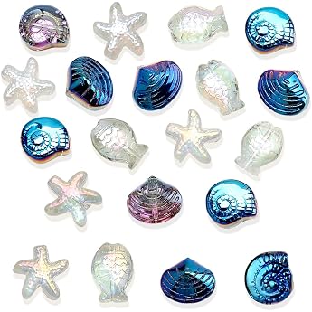 Ocean Theme Beads for Bracelets - Blue Snail Shell Set to Make Yourself - White Starfish Fish Bead Set Sea Design Glass Beads for Threading