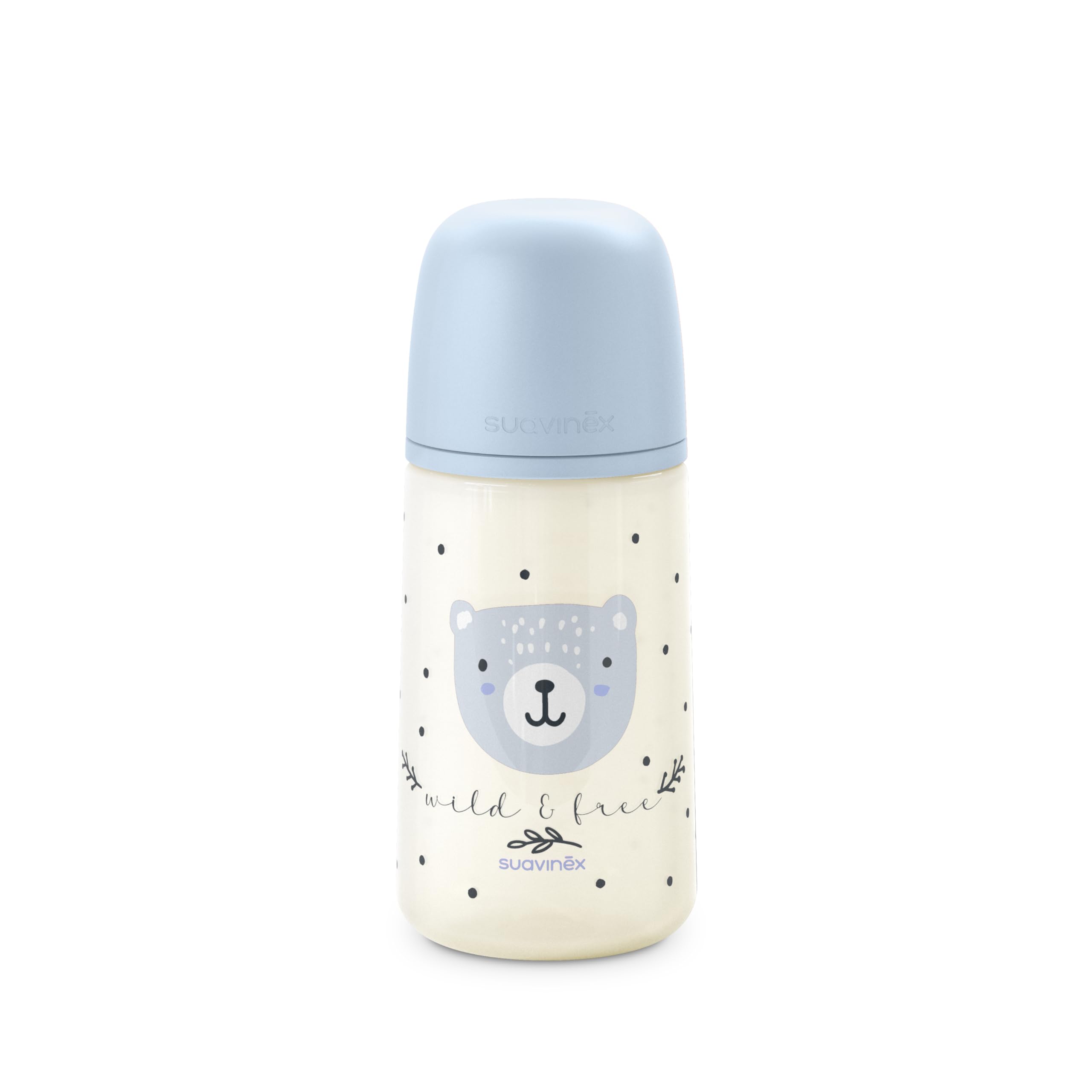 Suavinex, Biberon da 270 ml con tettarella fisiologica SX Pro in silicone con valvola anti-coliche, flusso medio (M), per liquidi a media densità, latte, succhi o acqua. Neonati +3 Mesi. Wild&Free Blu