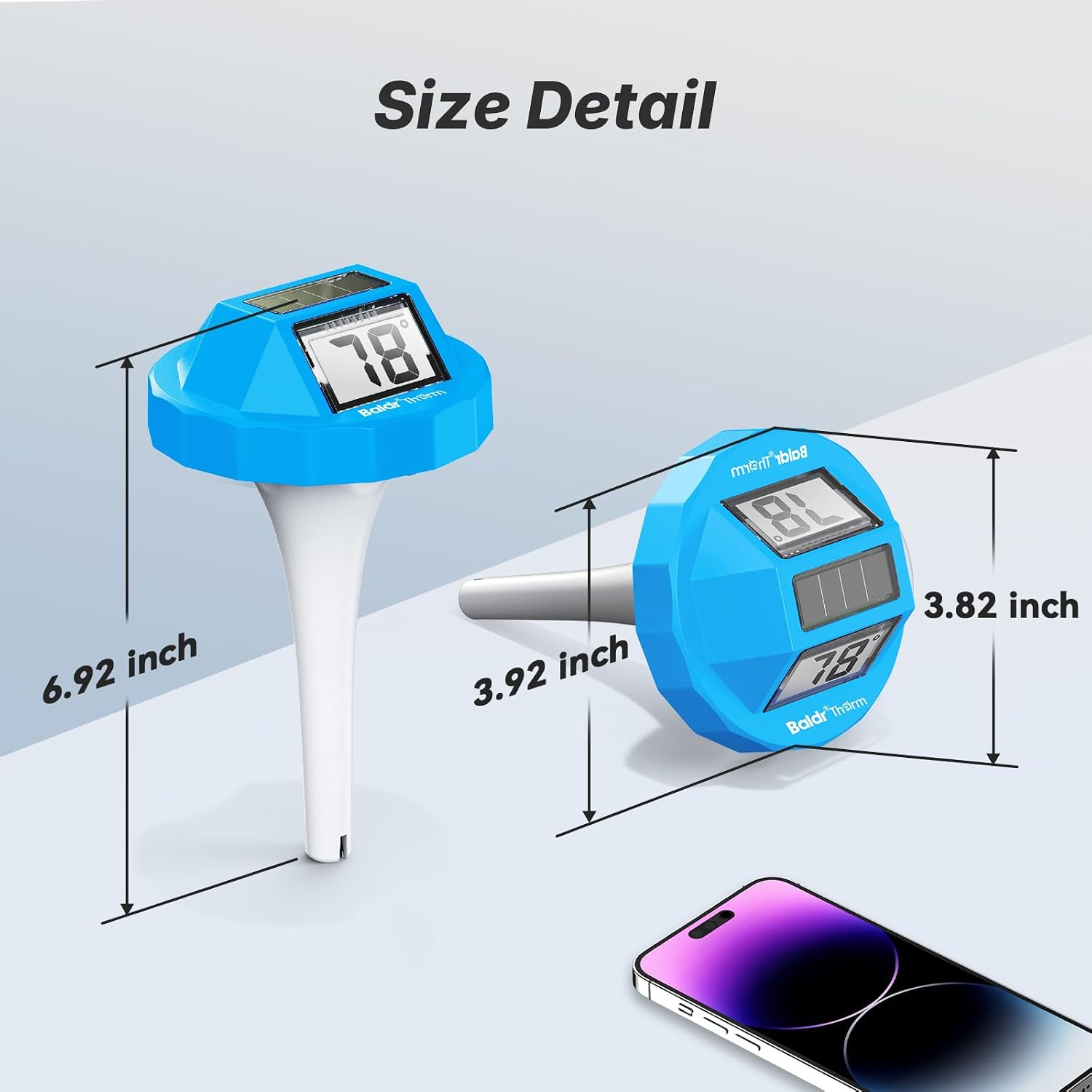 BaldrTherm Floating Pool Thermometer, Swimming Pool Thermometer Digital Solar, High Accurate, Anti-Fog Dual-Sided Display Screen (Light Blue)