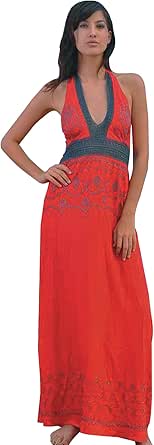 Amazon.com: Stark Red Embroidered Maxi Halter Dress Elastic Back Lace ...