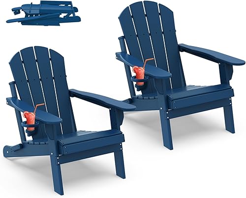 IVY&LANE Juego de 2 sillas plegables Adirondack  Plástico HDPE  Silla para hoguera al aire libre con portavasos  Azul  Poli  Resistente a la