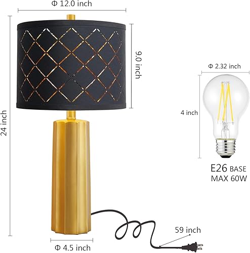 Miniatura 6 de RORIANO Juego de 2 lámparas de mesa modernas para sala de estar, dormitorio, lámparas de resina doradas con pantalla de rejilla negra, lámparas de