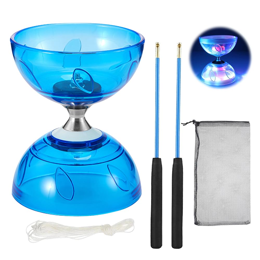 Diabolo Freiläufer mit kugellager Dreifache Lagerung Set, Diabolo mit Kugellager, Diabolos Leuchtend im Dunkeln mit Stange, Netzbeutel, Ersatzseil 10m, Geschenk für Anfänger und Profis (Blau)