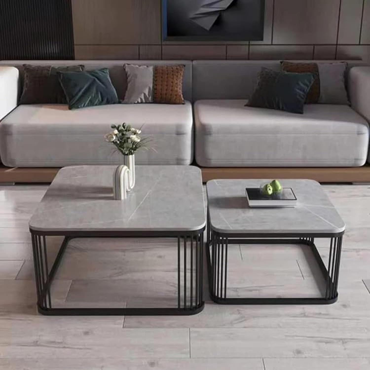 Handmade Square Set of 2 Nesting Stacking Coffee Table with Sturdy Metal Frame Marble MDF White Top Center Table for Living Room/Drawing Room/Balcony or Apartments (Gray)-image-4