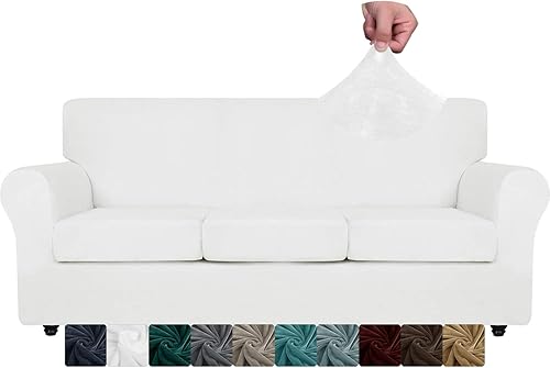 Chelzen - 4 fundas de terciopelo para sofá de 3 asientos, muy elásticas y antideslizantes, con parte inferior elástica, para sala de estar,