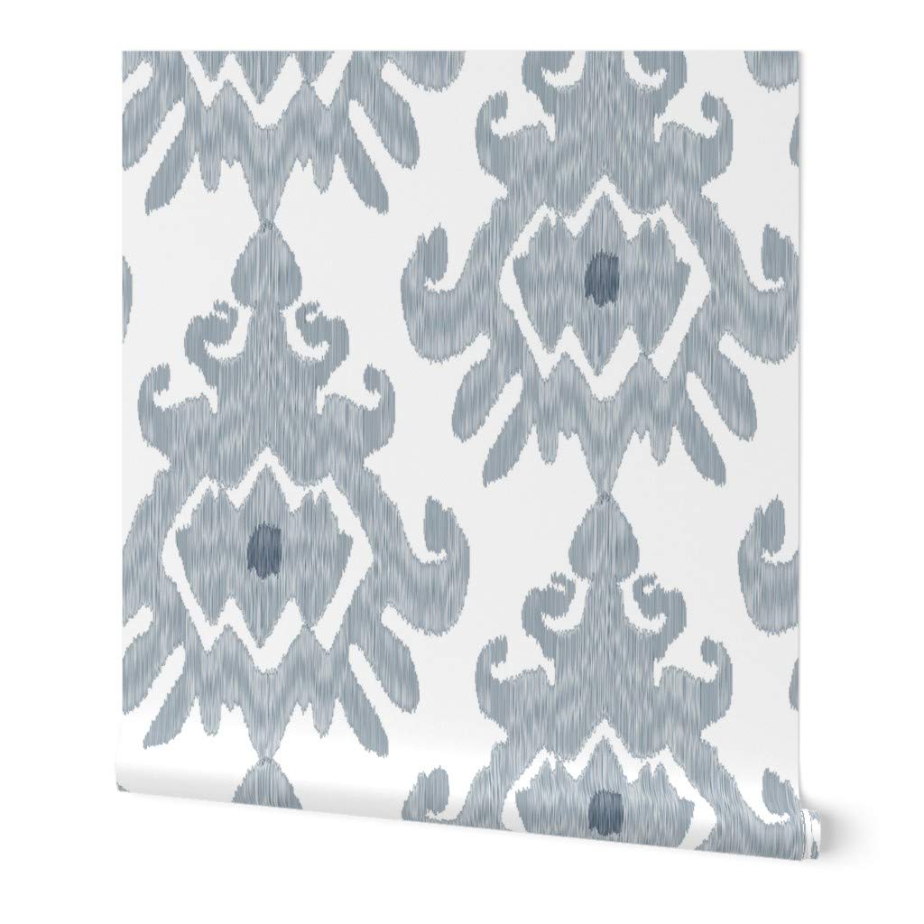Spoonflower Peel & Stick Wallpaper 9ft x 2ft - Large Ikat Slate Blue Gray White Boho Modern Indigo Neutral Mod Kitchen Custom Removable Wallpaper