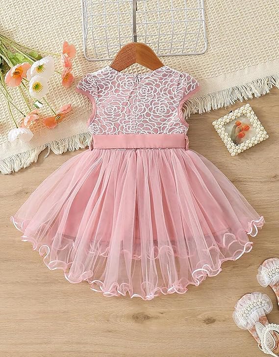 Image of PAMBERSTON Girls Pink Frock Dress | Lace Bodice Round Neck Dress with Bow Waist and Layered Net Skirt | Cute Casual Outfit | Perfect Frock for Parties, Birthday, Wedding