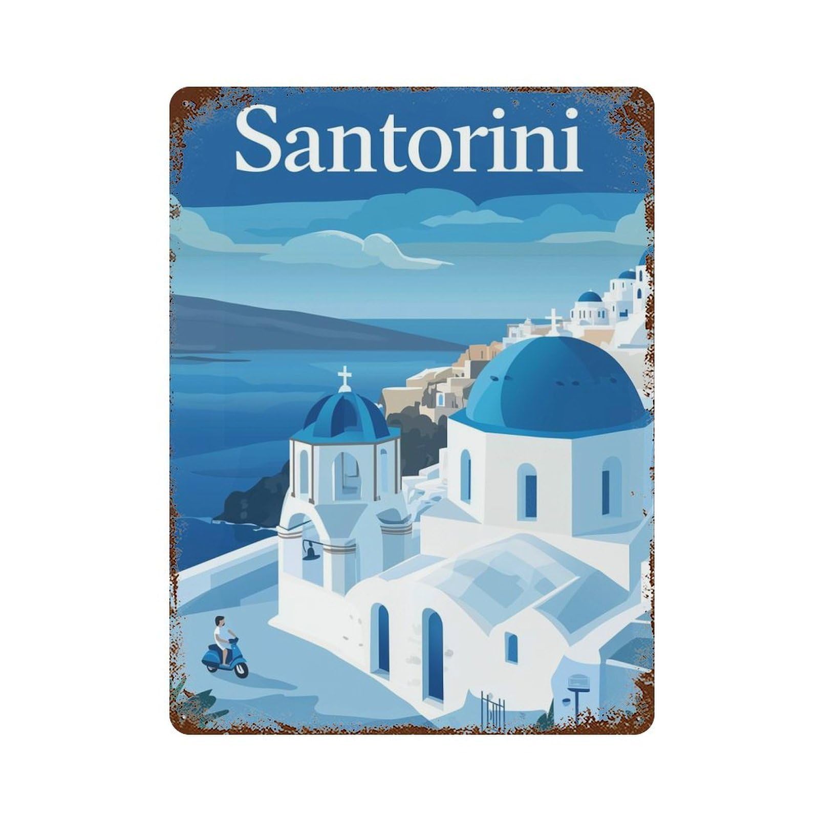 Aged Metal Wall Plaque with The Beauty of Santorini Design 15.7"x11.8", for Cafe, Home Bar And Lounge Decor, Novelty Wall Decor
