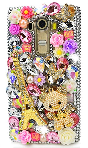 STENES Bling Phone Case Compatible with LG Optimus Zone 3 Case, Luxurious Crystal 3D Handmade Sparkle Diamond Rhinestone Clear Cover - Eiffel Tower Bear Rose Flowers/Colorful