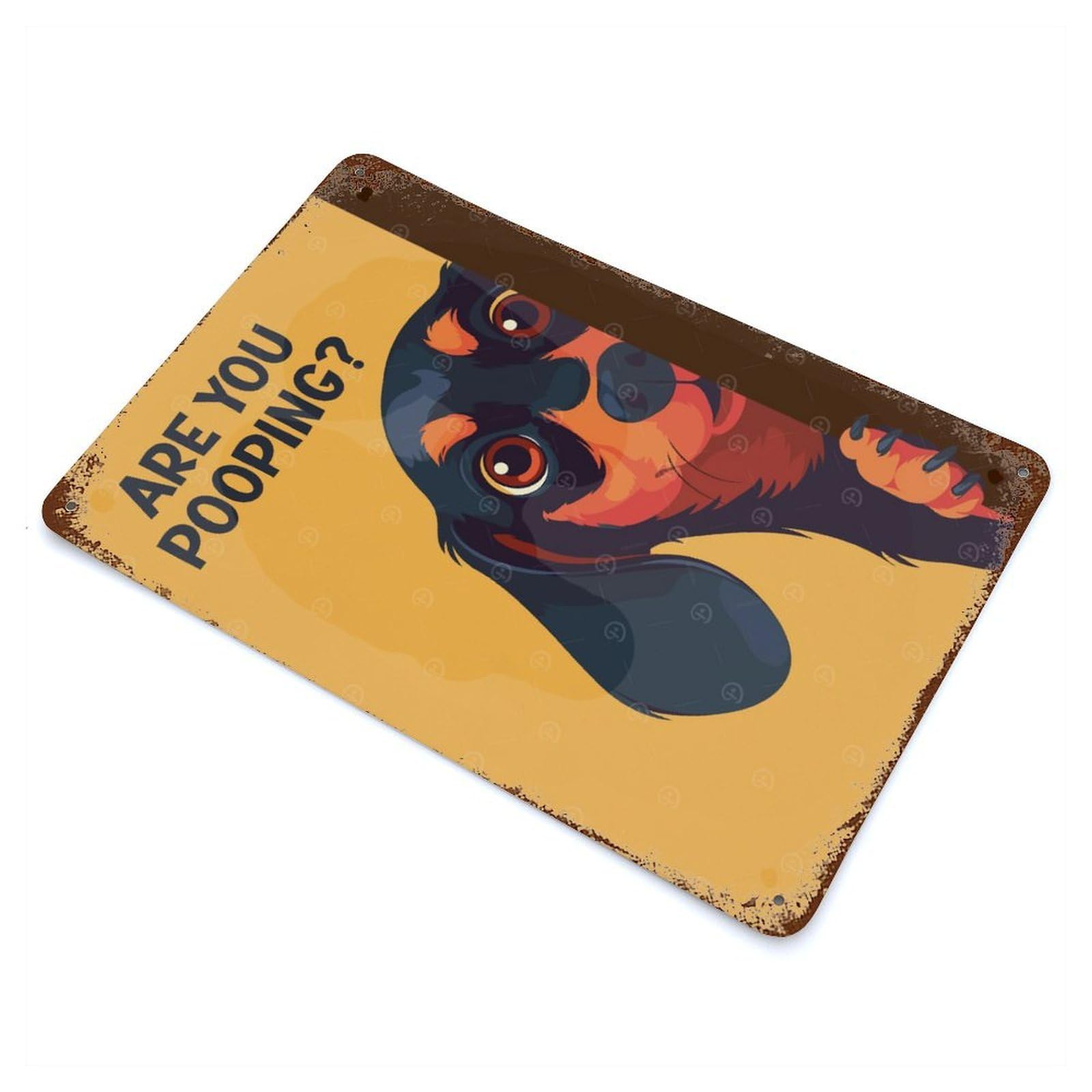 Weathered Tin Sign Funny Dachshund Pooping 11.8"x7.9", Rustic Home Decor for Bistro, Counter And Cafe Decor