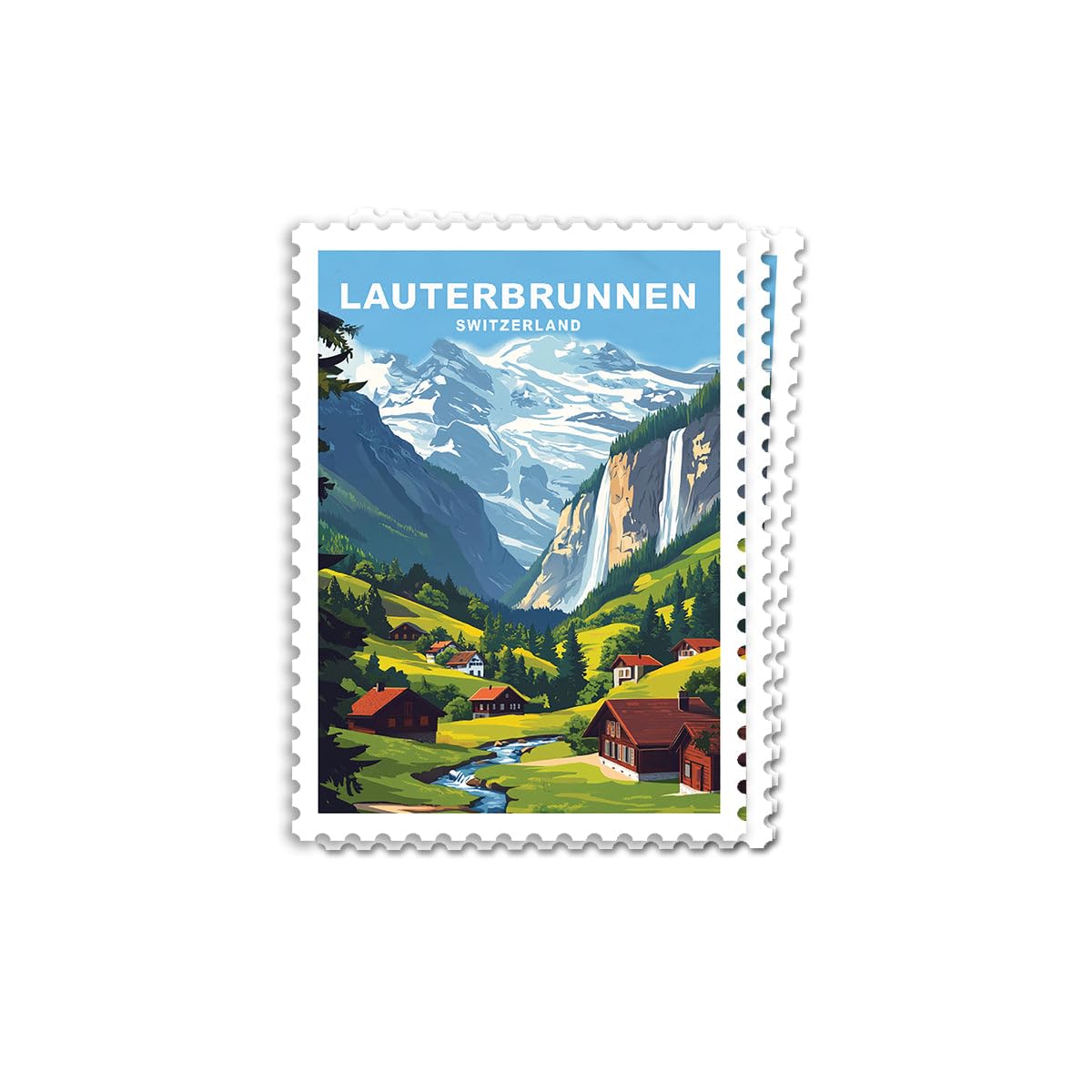 Photo 1 of (3pcs) Lauterbrunnen Switzerland Sticker - Alpine Valley with Waterfall Retro Travel Illustration - Vintage Europe Adventure Print - Wanderlust Mountain Collectible Sticker