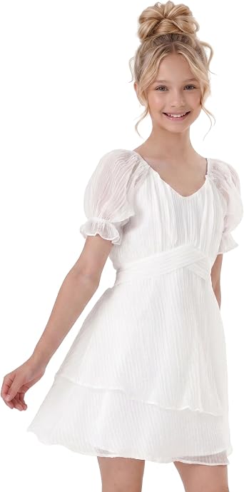 2Bunnies Girls Tween Teen Puff Sleeve Tiered Layered Ruffle Textured Pleated Tie Bow Mini Dress