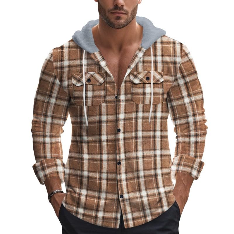 RTTUIOP Mens Plaid Jacket Hoodies Winter Casual Long Sleeve Big and Tall Checkered Button Down Coats Warm with Hood
