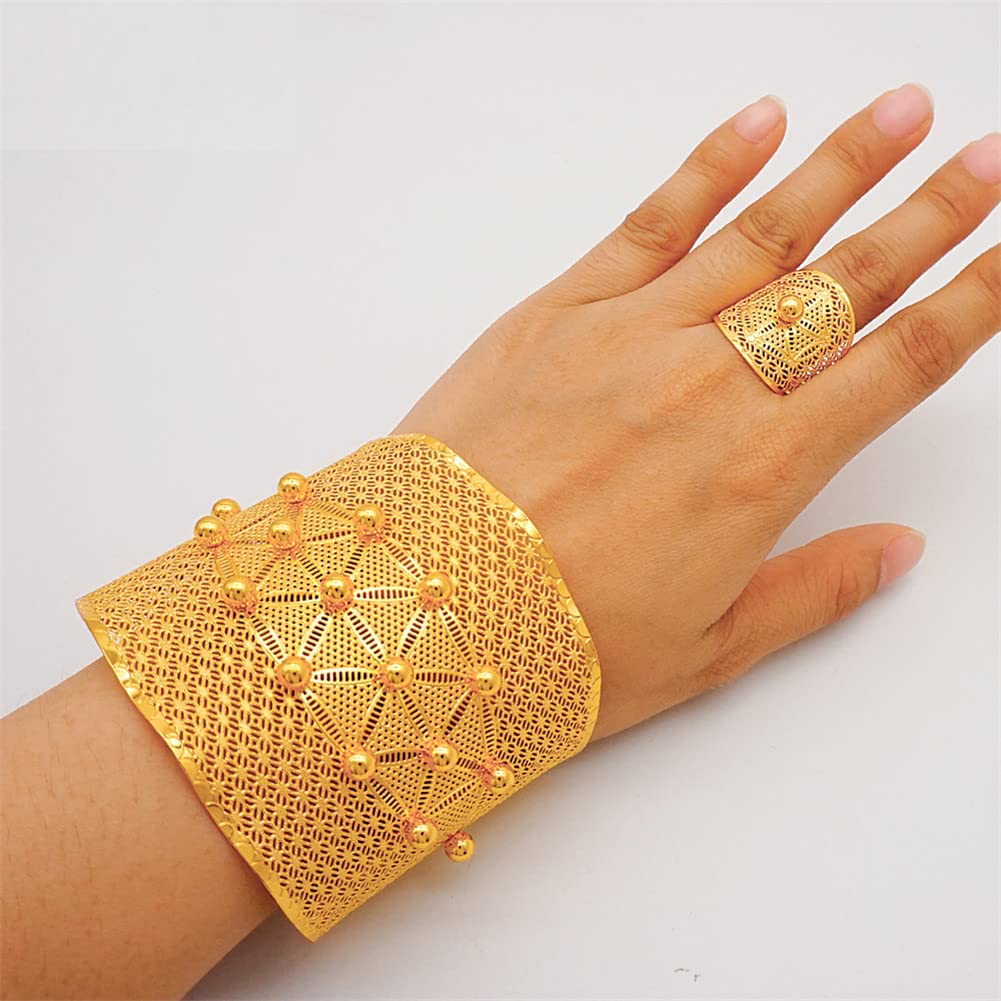 Gold Color Dubai Bangle With Ring Women Bead Cuff Bracelets