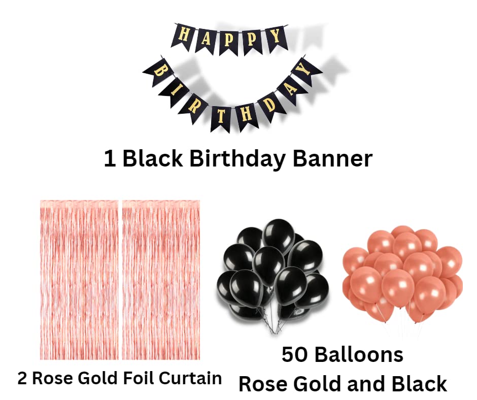 Image of Birthday Decoration items for Girls with Black and Rose Gold Balloons, Black Happy Birthday Banner, Rose Gold Foil Curtain