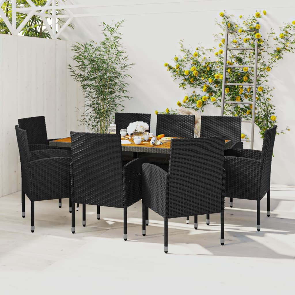 Juego de comedor de jardín con marco de acero y tablero de madera de acacia, juego de comedor para exteriores de ratán sintético con sillas ergonómicas de jardín en color negro