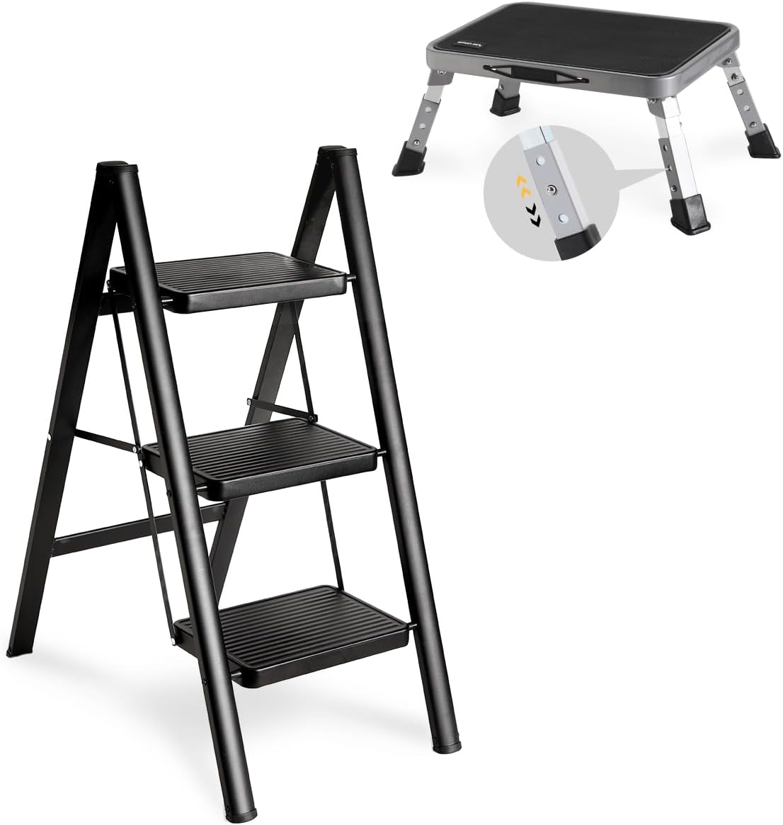Double Elite Adjustable 1-Step Stool & Folding 3-Step Ladder Bundle, includ. 3 Levels Adjustable Foldable RV Step Stool, and 330 Lbs Step Ladder 3 Step Folding for Adults
