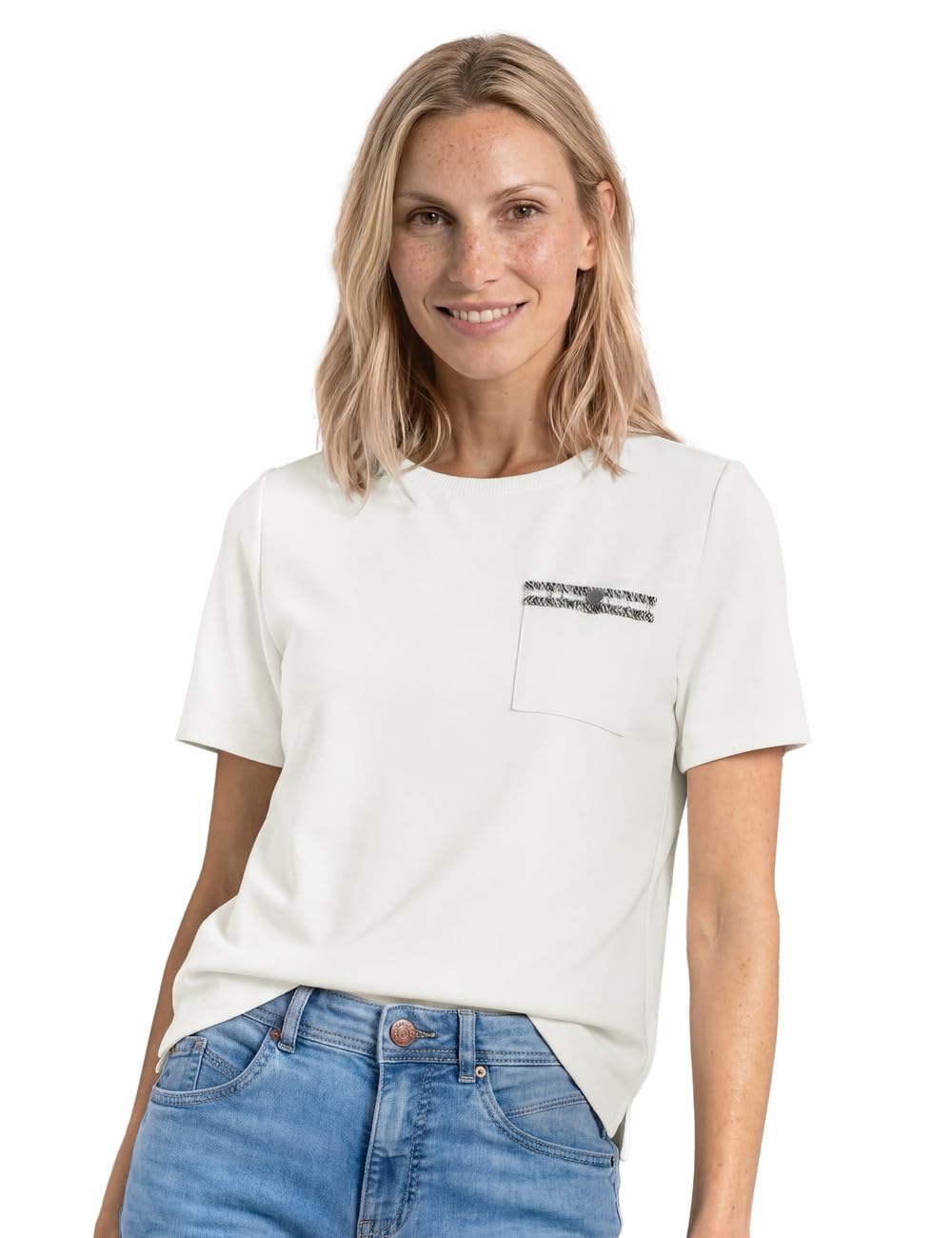 Street One T-Shirt with Decorative Chest Pocket Off White 34