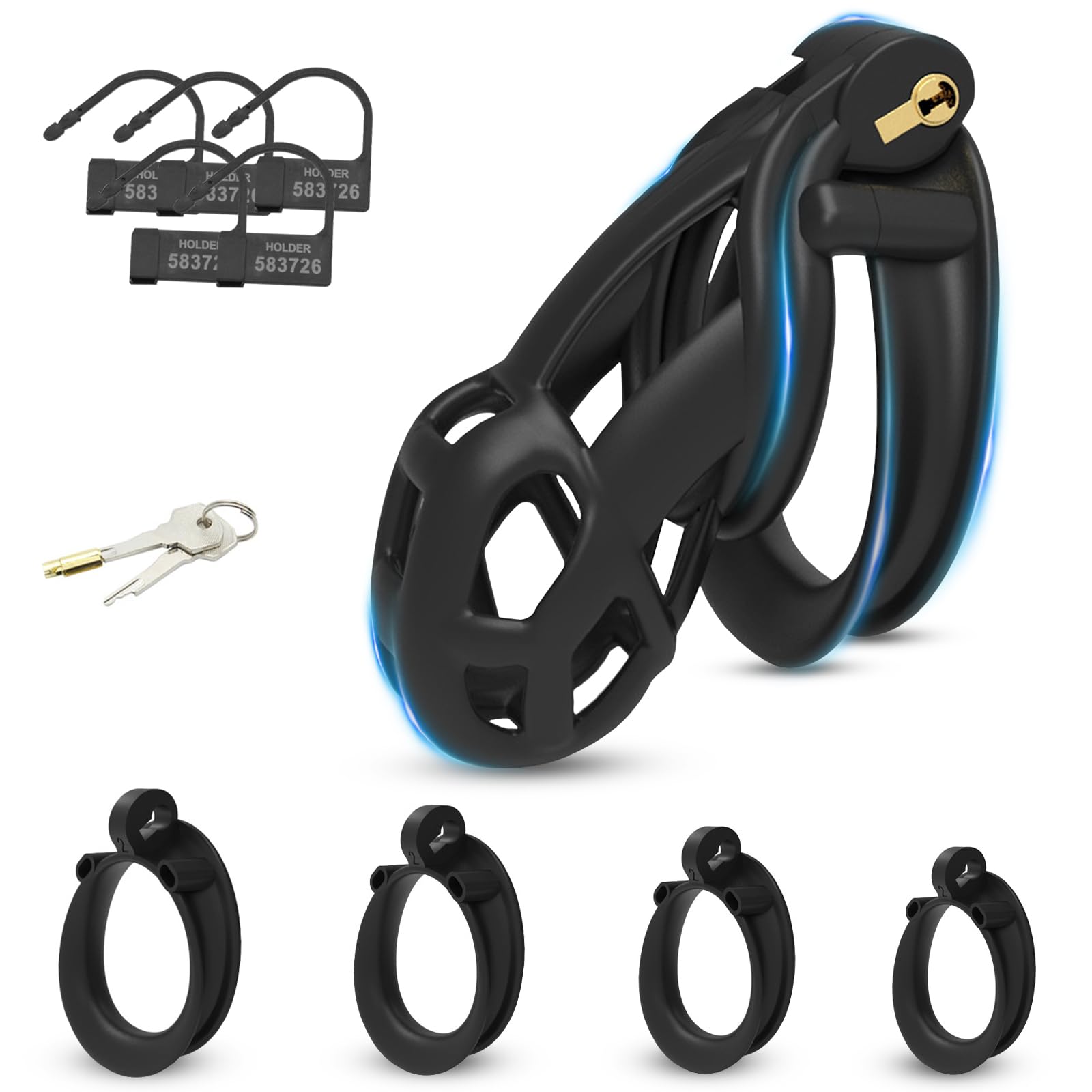 BDSMLOVE Jaula de castidad masculina Cobra 6.0, jaula para pene con 4 anillos para testículos, cinturón de castidad para hombres, juguete sexual extremo para hombres. (L)