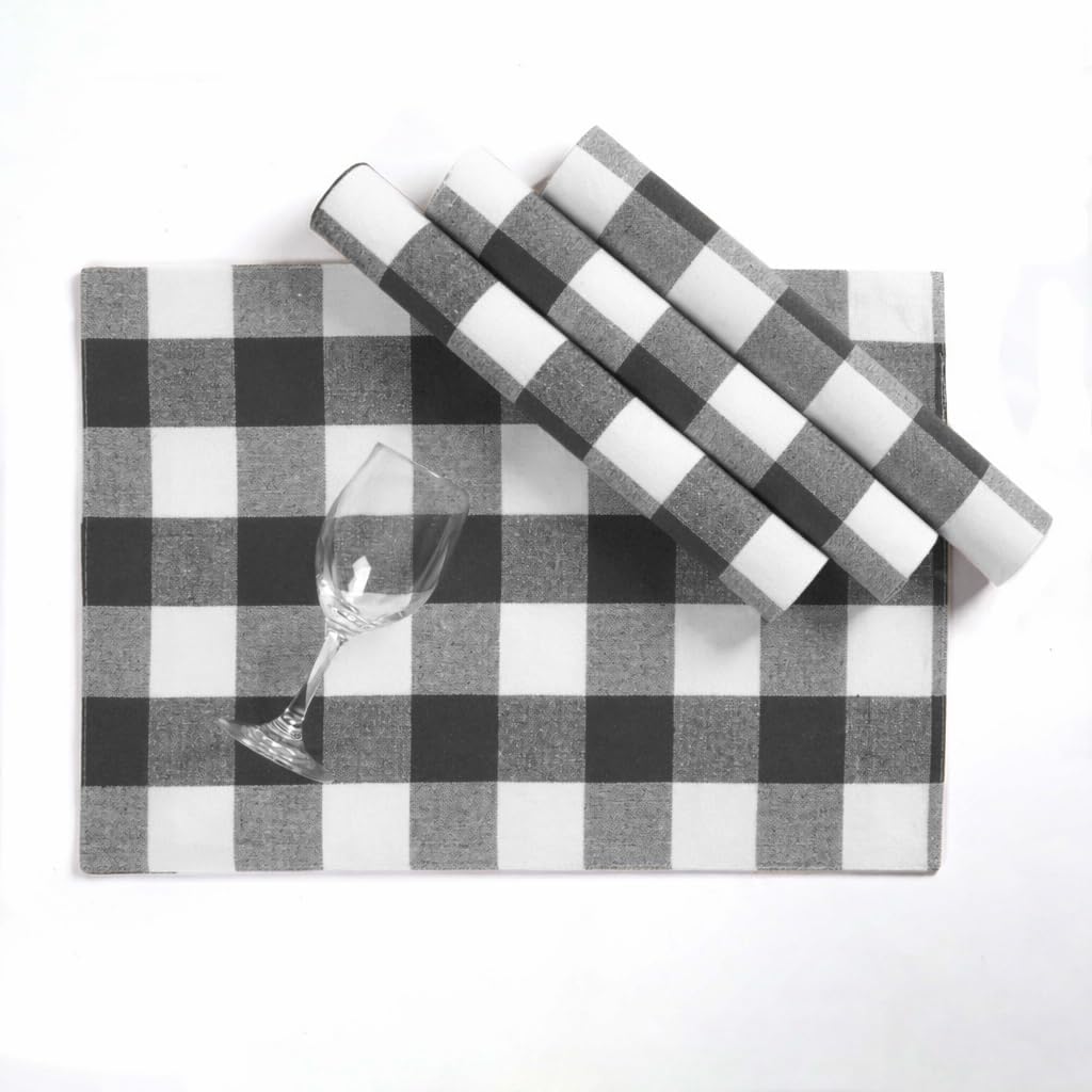 Light Grey and Black Buffalo Check Placemats Set of 4, 13x19 Inches, 100% Cotton, Washable, Reusable Farmhouse Table Mats for Thanksgiving, Weddings, Everyday Dining