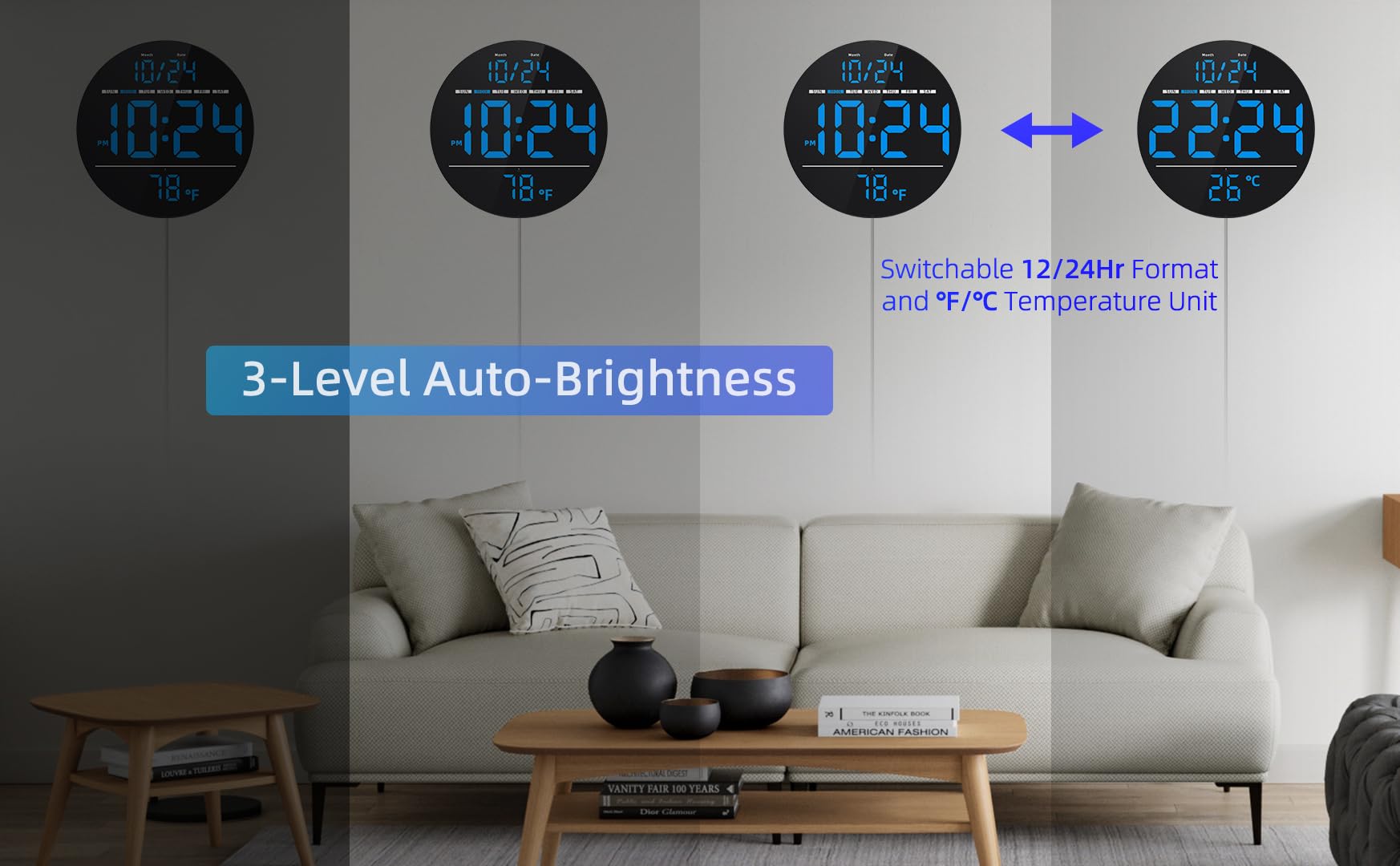 Cyfrowy zegar ścienny z dużym wyświetlaczem LED, automatyczna jasność, temperatura, niski współczynnik odbicia, mały, cichy, nietykający, nowoczesny elektryczny zegar ścienny do sypialni, salonu,