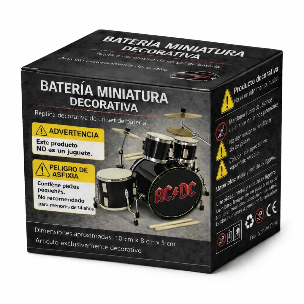 ROCKSTAR - Miniatura Batería Acústica Negra BMD020 con Bombo Removible – Réplica Profesional a Escala 20 cm – Set Completo con Platos, Soportes y Asiento – Artículo de Coleccionista Hecho a Mano