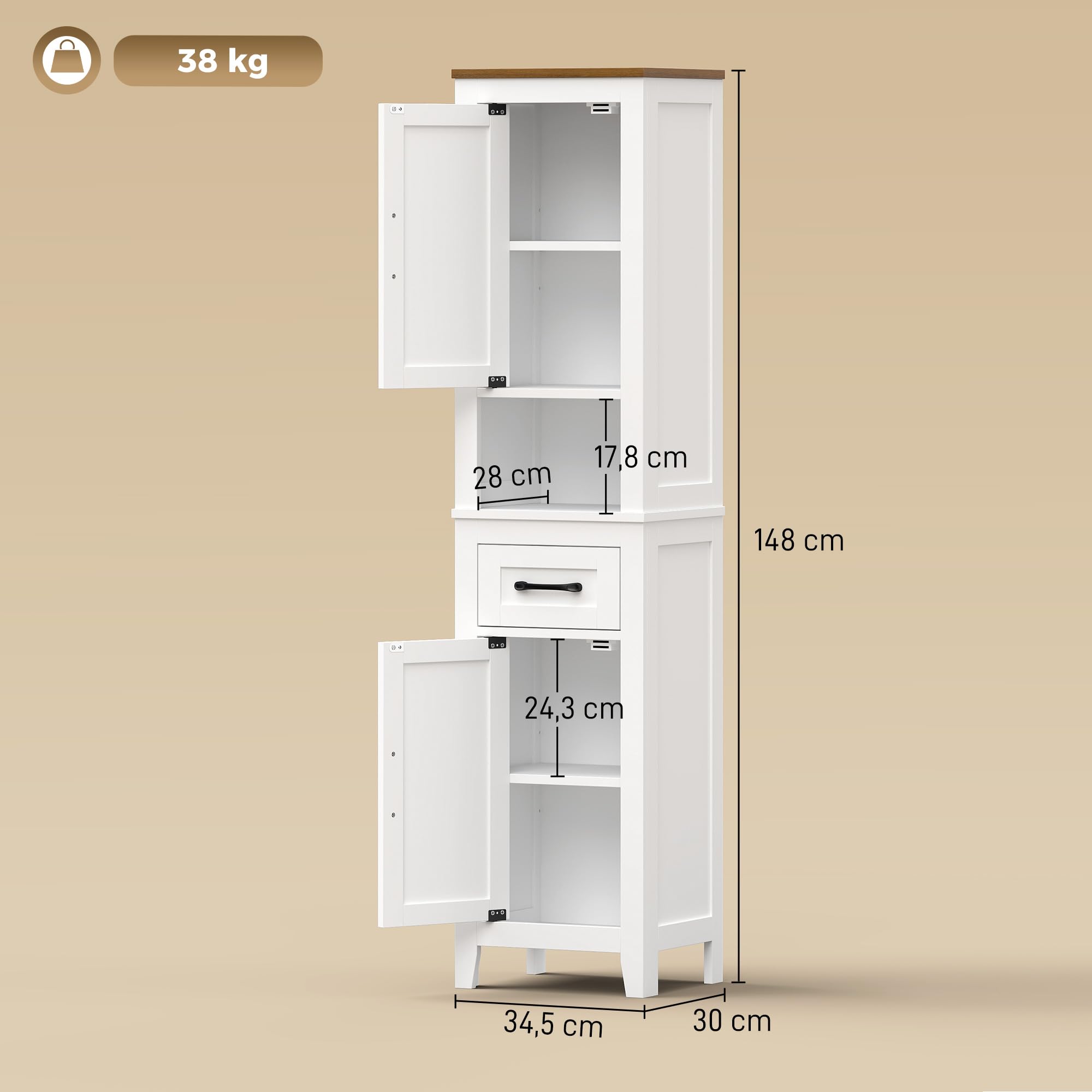HOMCOM Armario de Baño Alto Mueble de Baño Estrecho 34,5x30x148 cm Blanco | Cajón, Estante Abierto, Puertas y Estantes Ajustables, Estilo Rústico