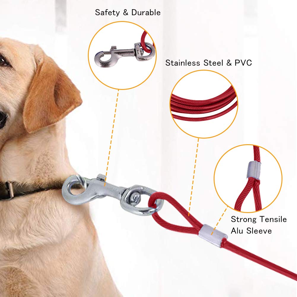 Hofleine für Hunde, 16.4ft Haustier Hund Krawatte Kabel Lange Stahldraht Hundeleine Doppelköpfe Kauen Beständig Tieout Leine Outdoor Camping Picknick Starke Pet Sicherheit Seil (Rot)