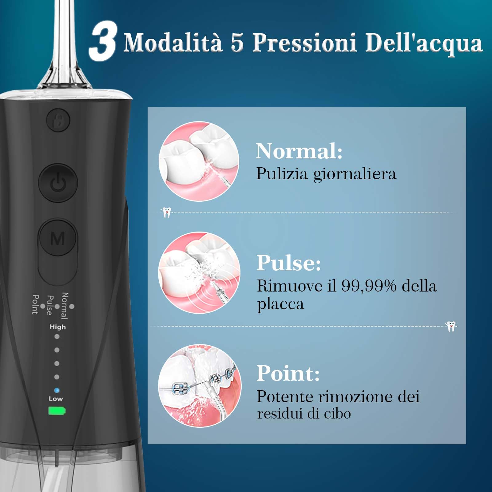 SURFOU Idropulsore Dentale Portatile 3 Modalità 5 Pressione dell'acqua e 7 Ugelli, 230 ml IPX7 Impermeabile USB Ricaricabile per Viaggi e uso Domestico