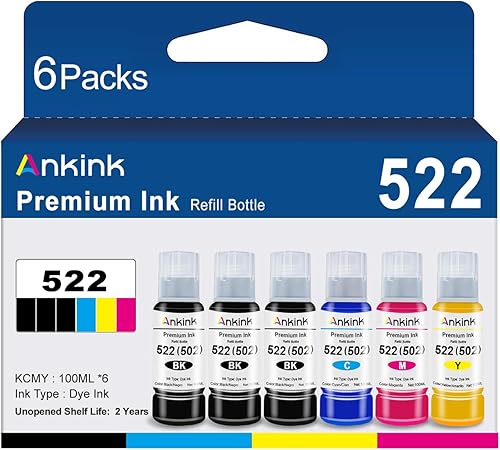 Ankink T522 522 Botella de tinta de repuesto de alta capacidad de 20.3 onzas líquidas para botella de repuesto de tinta compatible con Epson 502 Uso