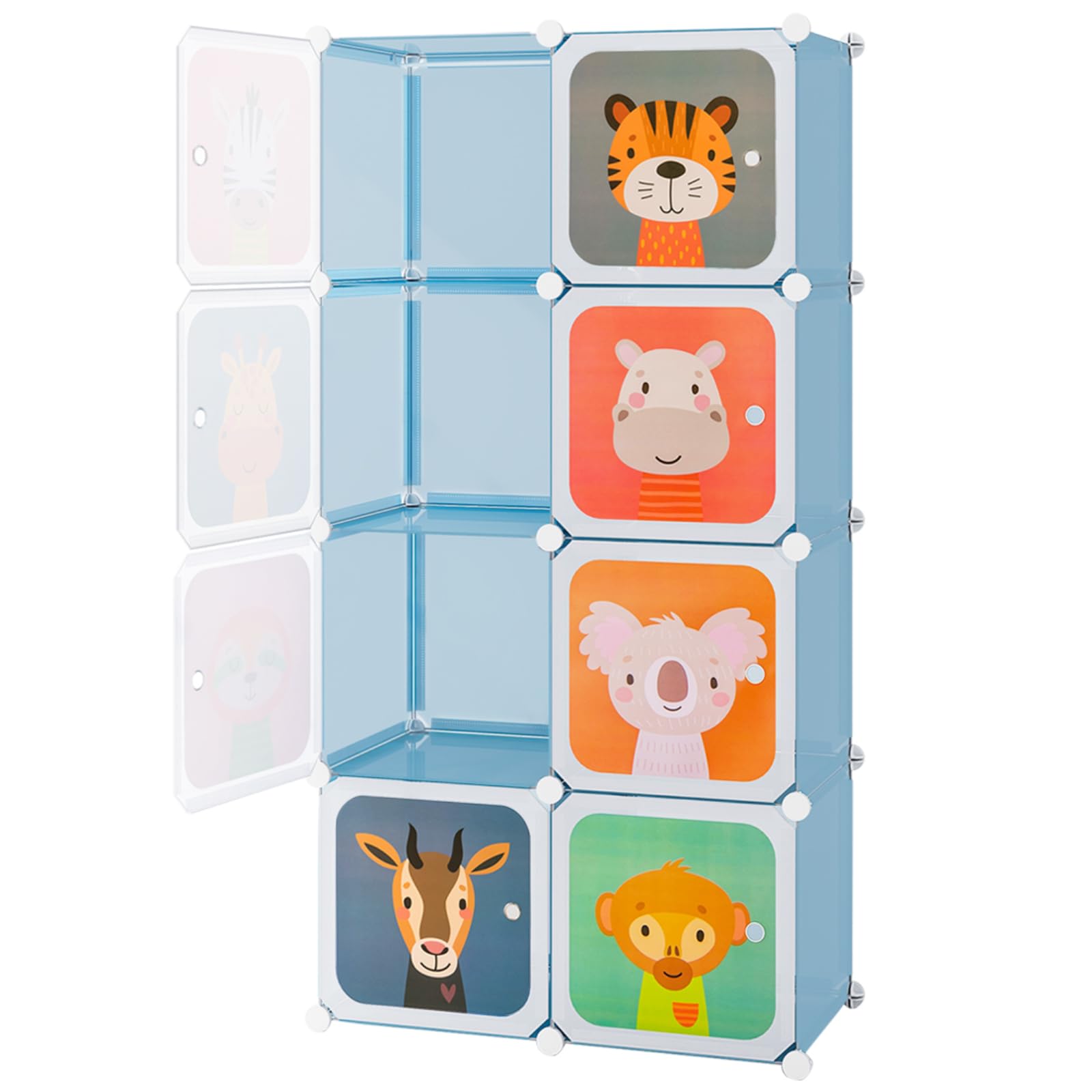 Maxmass 8/12 Cube Children Wardrobe, Portable Kids Clothes Closet with Hanging Sections, DIY Modular Storage Organizer for Nursery, Bedroom, Kindergarten (Blue Animal, 75 x 37 x 145 cm)