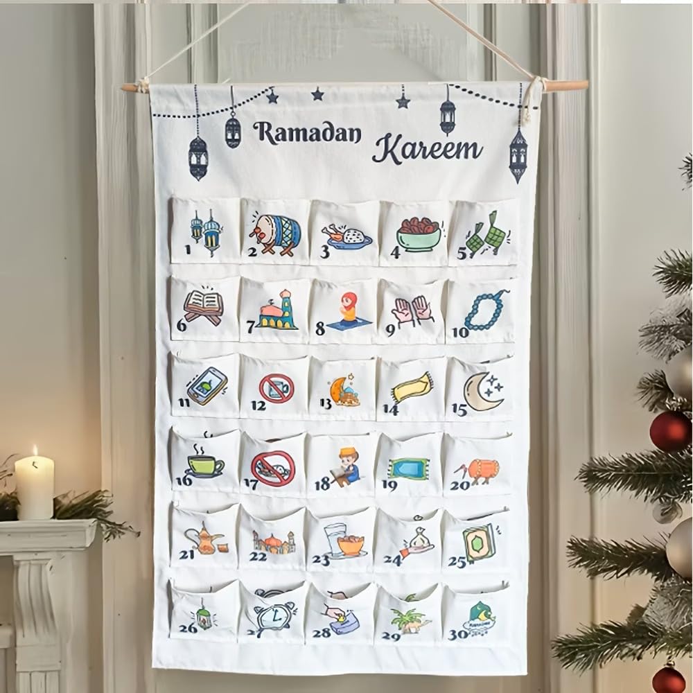 Leinwand Wand-Organizer für Ramadan | Eid Mubarak Countdown Kalender & Tägliche Überraschungen | Multifunktionaler Ramadan Adventskalender