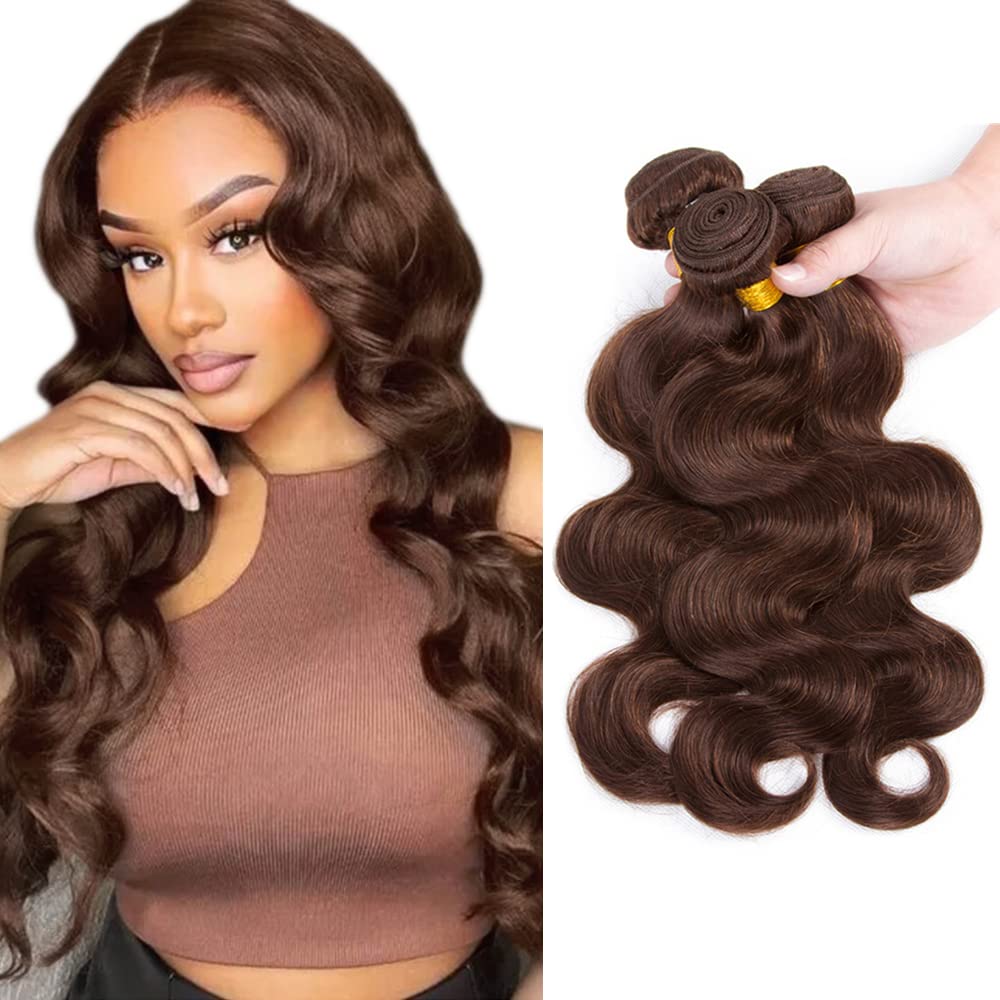 Light Brown Body Wave Bundles Human Hair #4 Chocolate Bundles Brazilian Body Wave Bundles 8A Unprocessed Virgin Human Hair Extension Medium Brown Color 22 24 26 Inch For Women