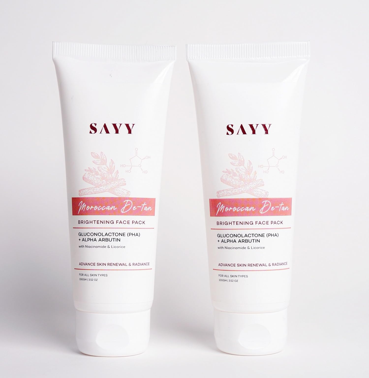 SAYY Moroccan De-Tan Brightening Face Pack for Advance Skin Renewal Radiance Clay Mask with Gluconolactone PHA, Alpha Arbutin, Niacinamide & Licorice, All Skin Types, Pack of 2 (100g x 2)