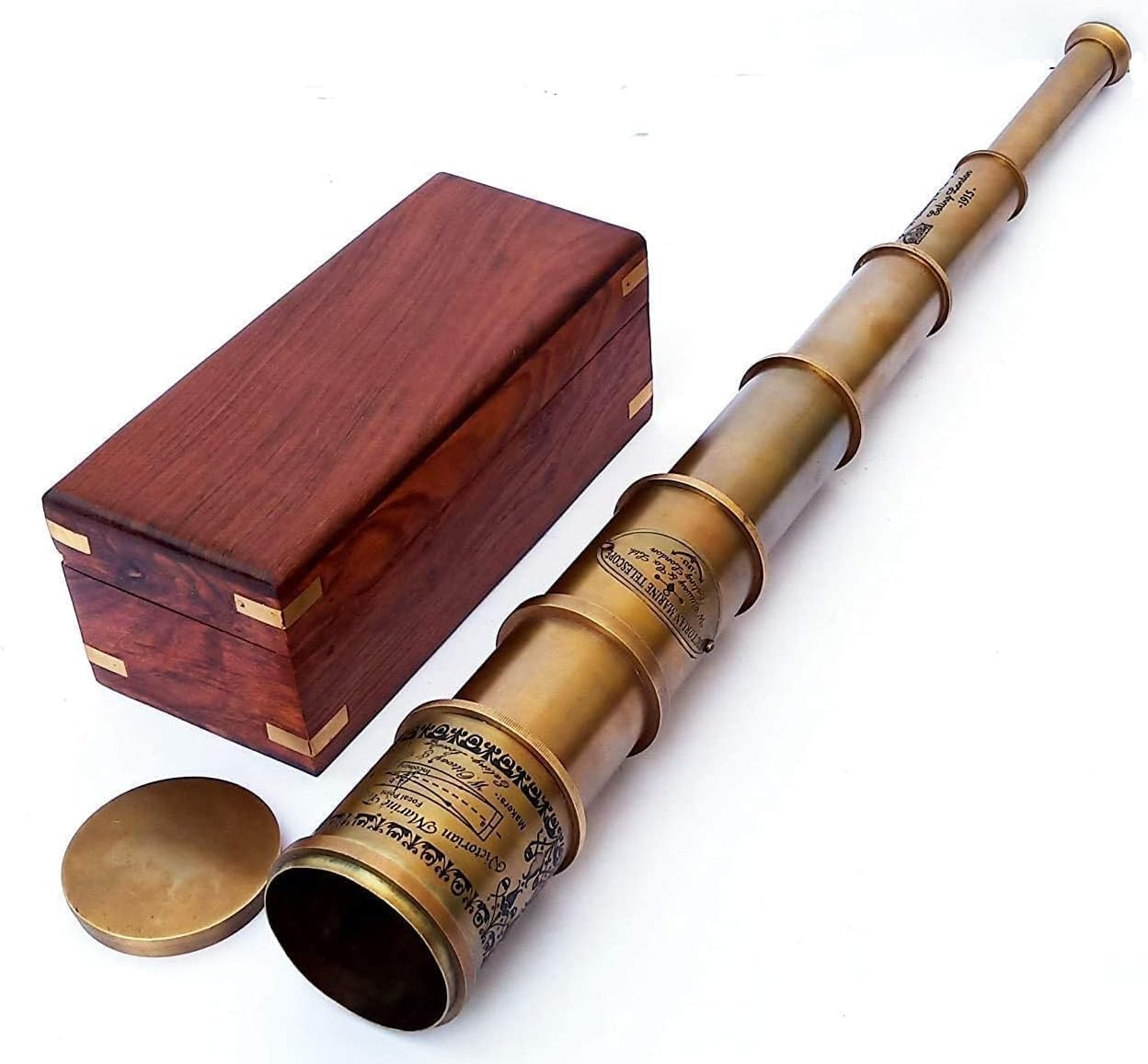 Handcrafted Brass Antique Single Barrel Telescope with Wooden Box Retro Pirate Spyglass Telescope for Home & Office Decor