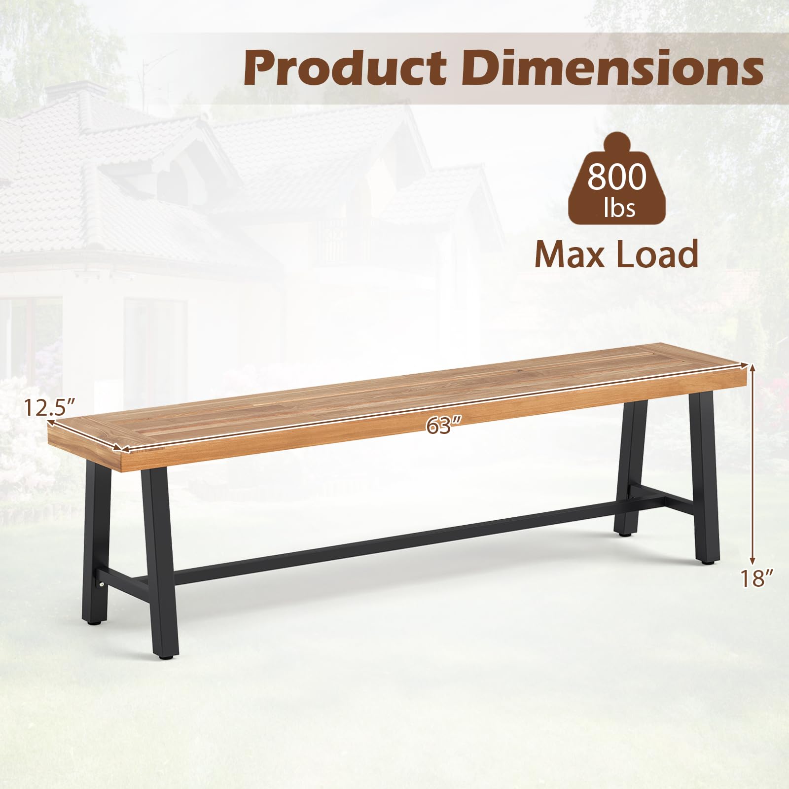 Outdoor Bench Garden Bench, 63" Backless Acacia Wood Bench with Heavy-Duty Metal Legs, Patio Dining Bench Front Porch Benches for Outside, Yard & Garden