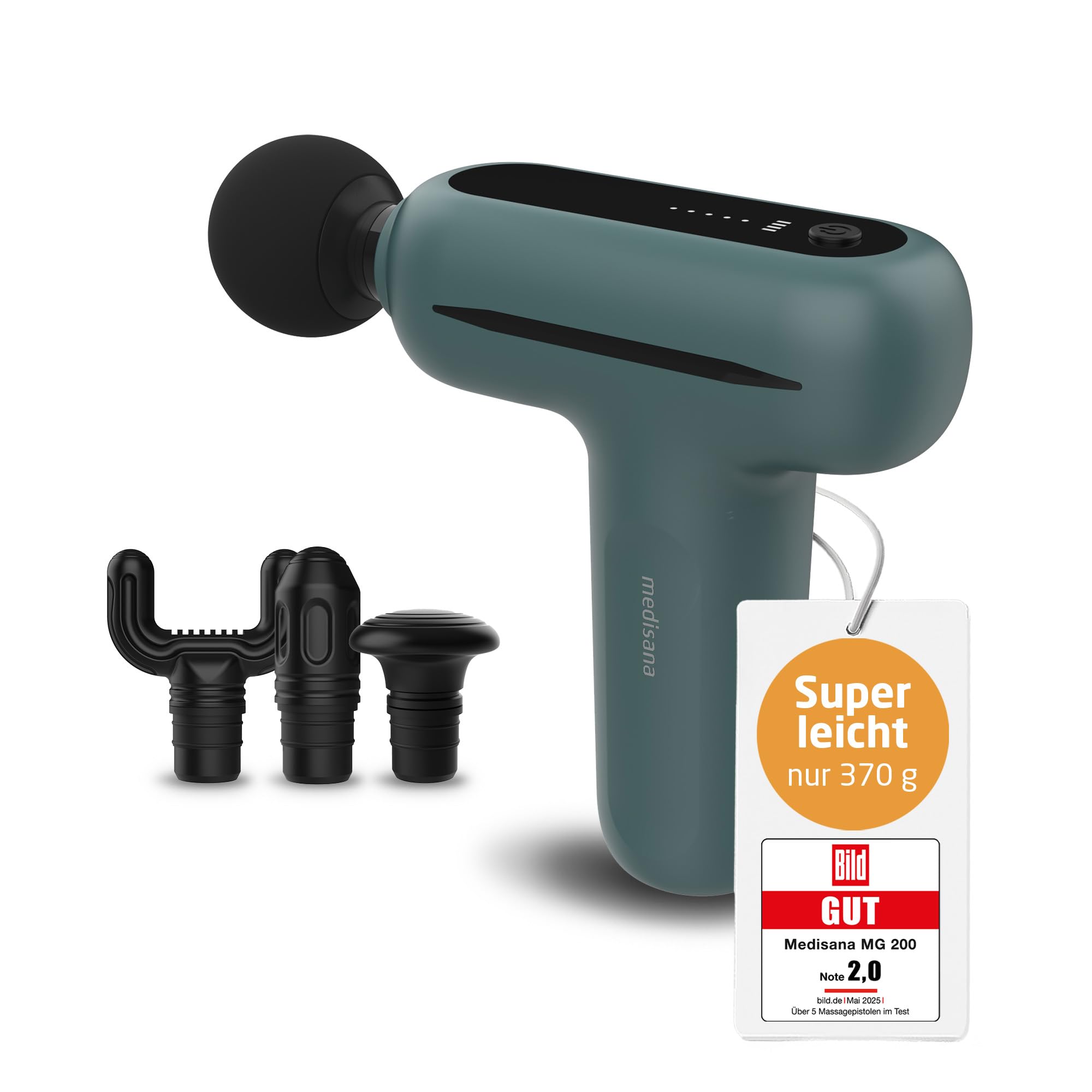 medisana MG 200 Massagepistole, Massage Gun mit 4 Aufsätzen, Massagegerät mit Smart-Modus und 5 Intensitätsstufen zur Entspannung und Massage, lange Akkulaufzeit, mit Aufbewahrungsbox