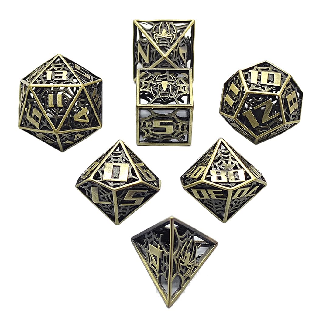 LANGWEI Jeu De Dés en Métal D&D, 7 Pièces De Dés en Polyèdre Métallique Creux en Araignée pour Jeu De Donjons Et Dragons, Jeu De Table, TRPG, Jeux De Dés De Rôle, Cadeaux Créatifs