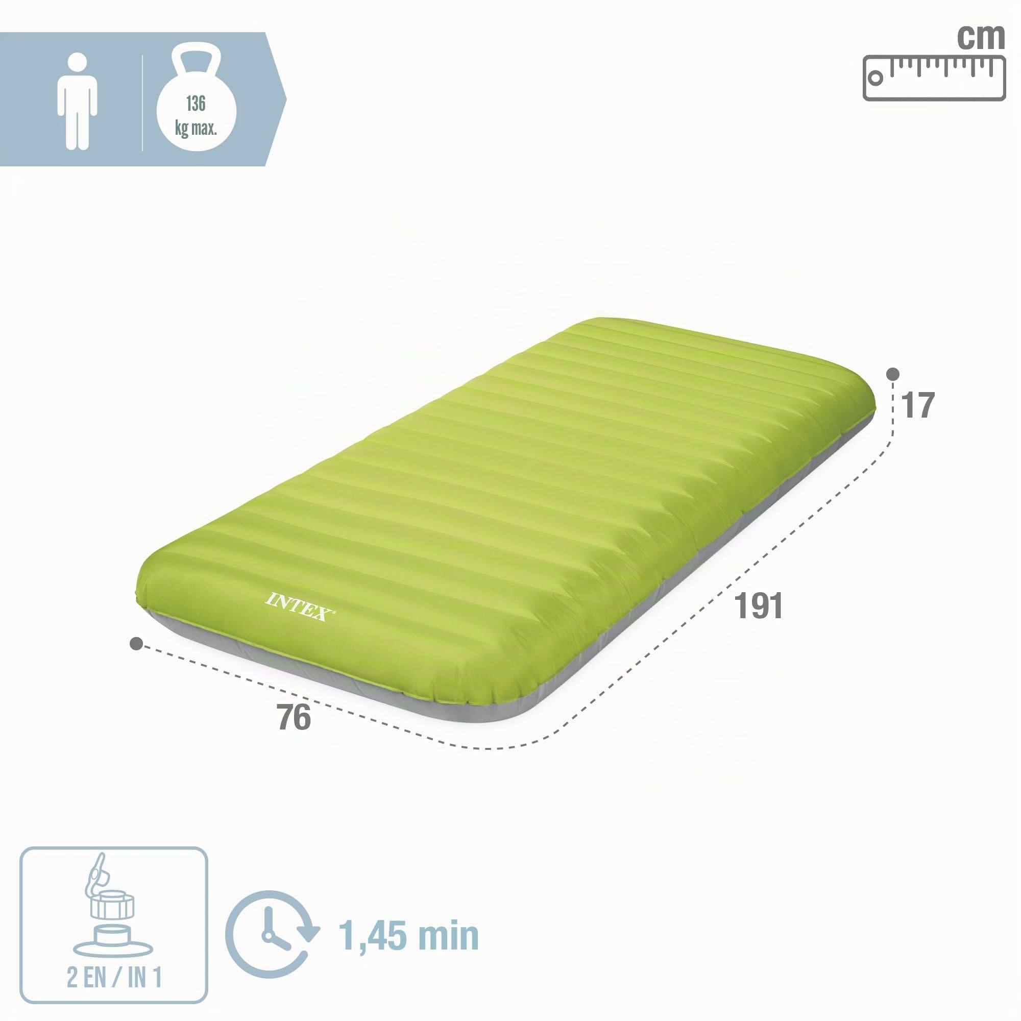 Intex Premaire Dura-Beam Camping Mat w/ USB150, Inflated Size: 76cm x 1.91m x 17cm (64097NP)
