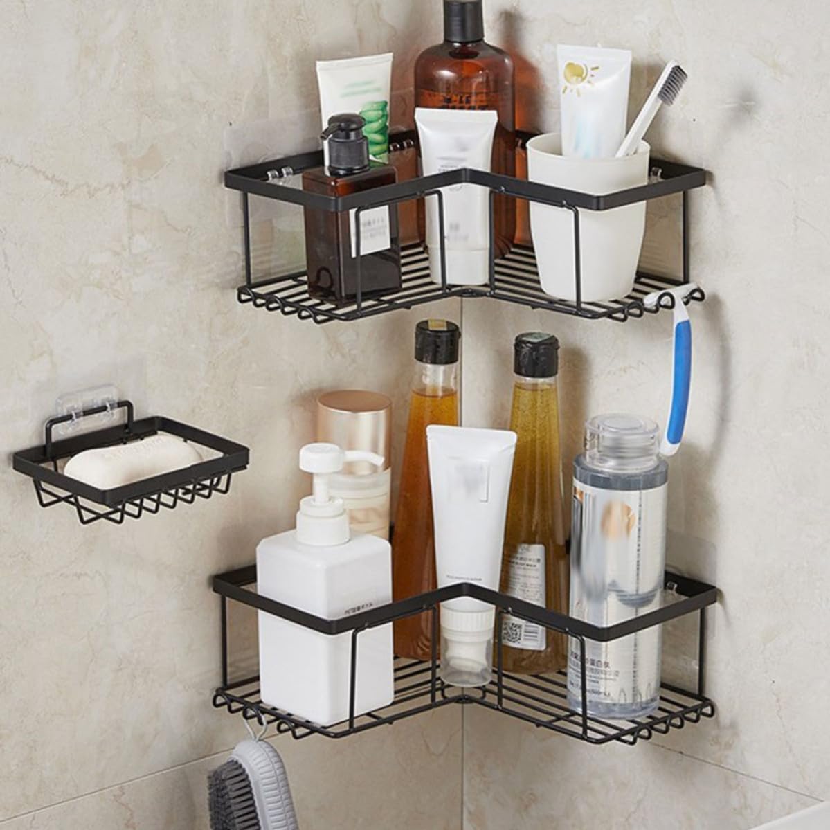 Estante de Ducha Esquinero y Adhesivo Fuerte Negro de Acero al Carbono Instalación sin Taladro para Organizar Baño Lugar