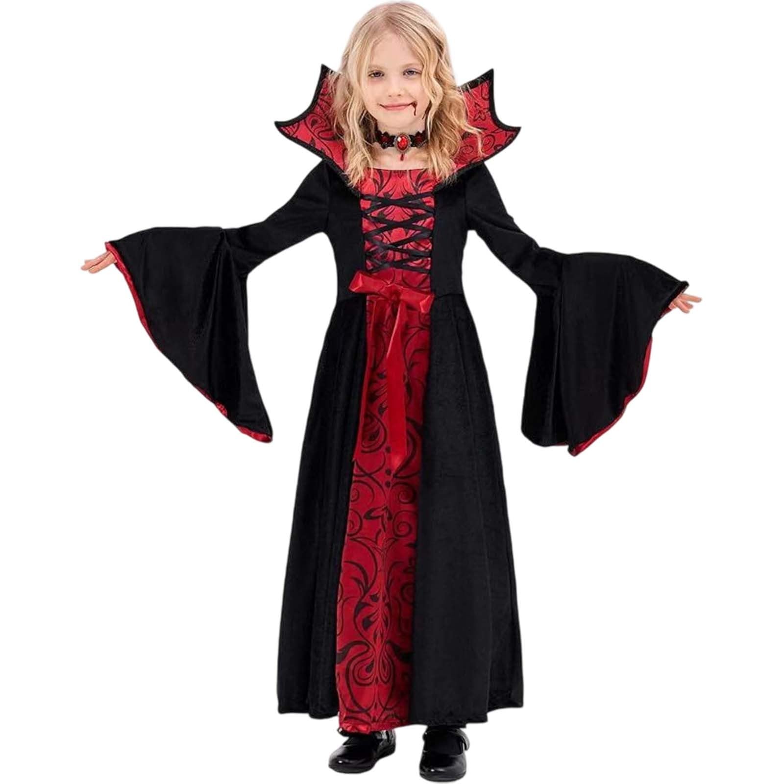 Girls Halloween Costume Vampire Costume Kids Halloween Dress with Necklace Royal Vampire Costumes Set for Girls Halloweens Dress Up Party, Role-Playing, Carnival Cosplay, Vampire-Themed Party