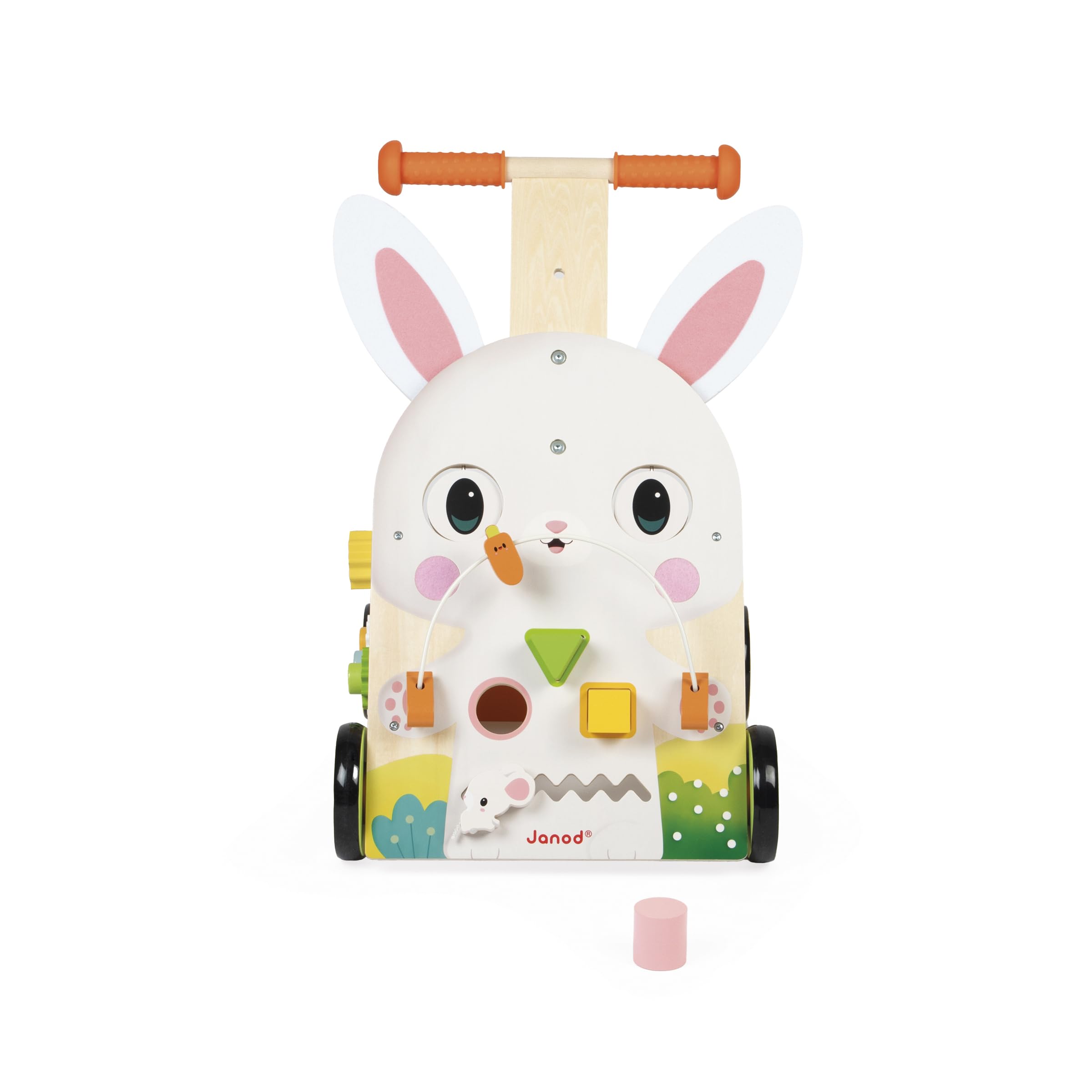 Janod - Chariot Multi-Activités Ferme - Chariot de Marche en Bois à Pousser - 9 Activités - Système Frein Breveté et Roues Silencieuses - Jouet d'Eveil pour Enfants Evolutif - Dès 12 Mois - J03326