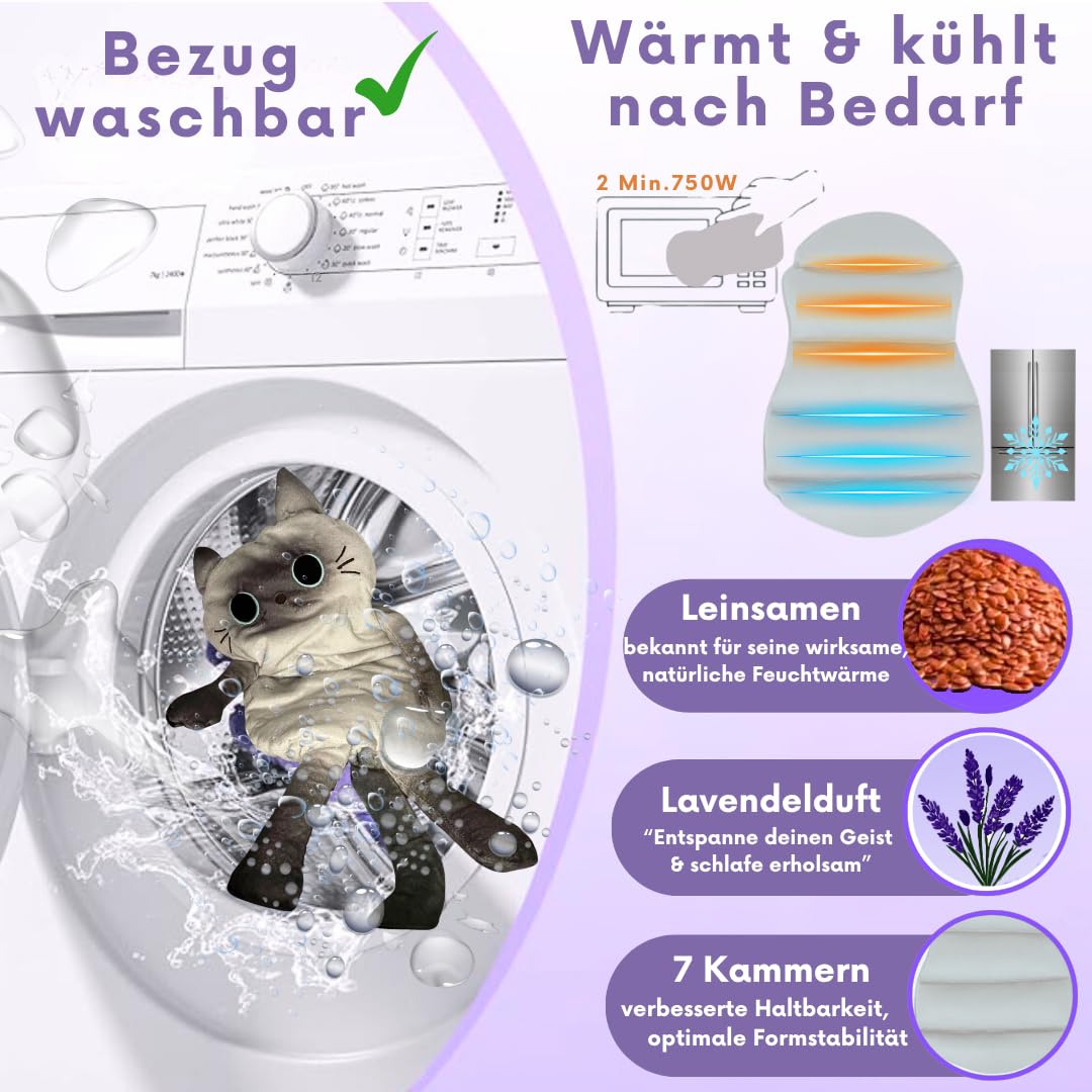 Körnerkissen, Kuscheliges Wärmekissen, Mikrowelle geeignet, waschbarer Bezug, Tier Katze Ideal bei Verspannungen und Krämpfen Geschenke für Frauen, Mädchen und Kinder (Katze grau)