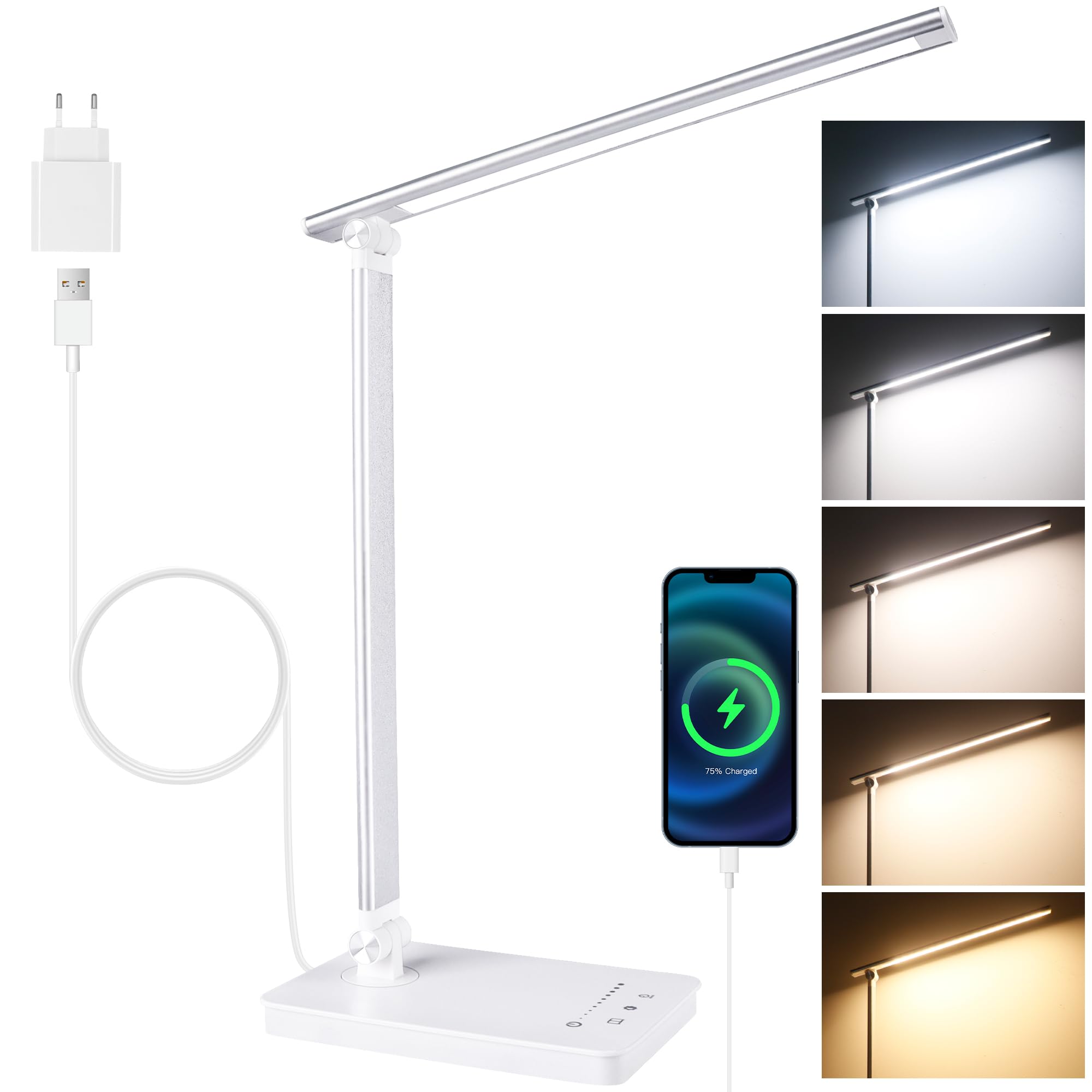 Lampara Escritorio LED con Puerto USB C, Adaptador 2A incluido, 5 Color 10 Brillo, 45Min Temporizador, Flexo Escritorio LED Plegable, Lámpara de Mesa Cama Control Táctil, Función de Memoria, Blanco
