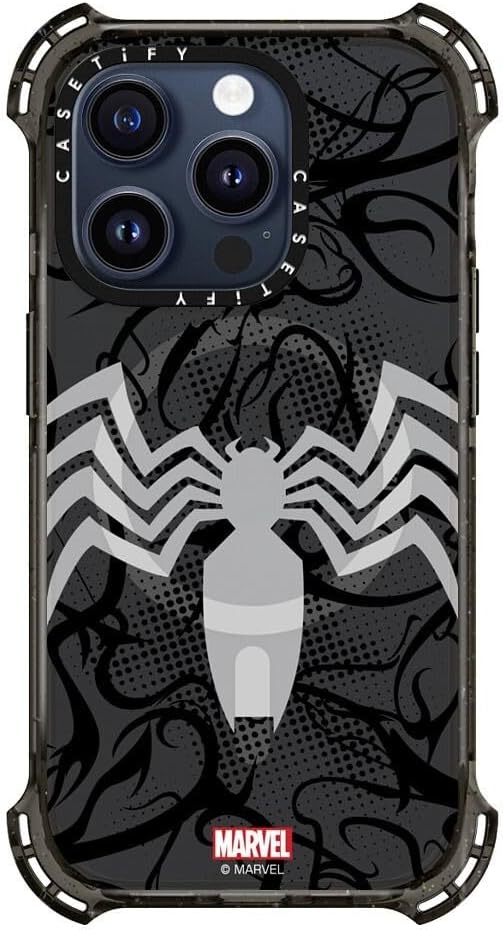 CASETiFY Bounce iPhone 15 Pro Case [Spider-Man Co-Lab / 6X Military Grade Drop Tested / 21.3ft Drop Protection/Compatible with Magsafe] - Venom Suit Case - Clear Black