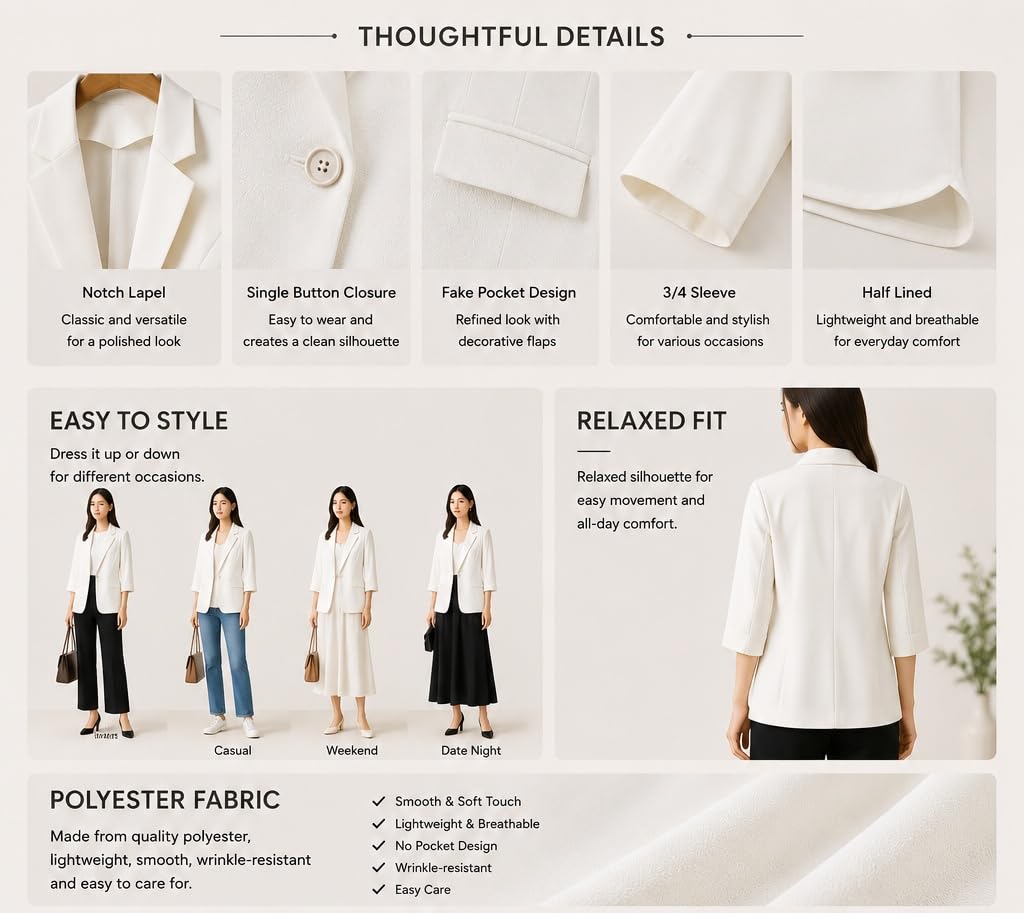 Blazer Casual para Mujer Medio Forrado Chaqueta De Un Botón Solapa con Muesca Ropa De Trabajo Elegante Manga 3/4 Blazers Clásicos Formales para Oficina Trabajo Bodas.