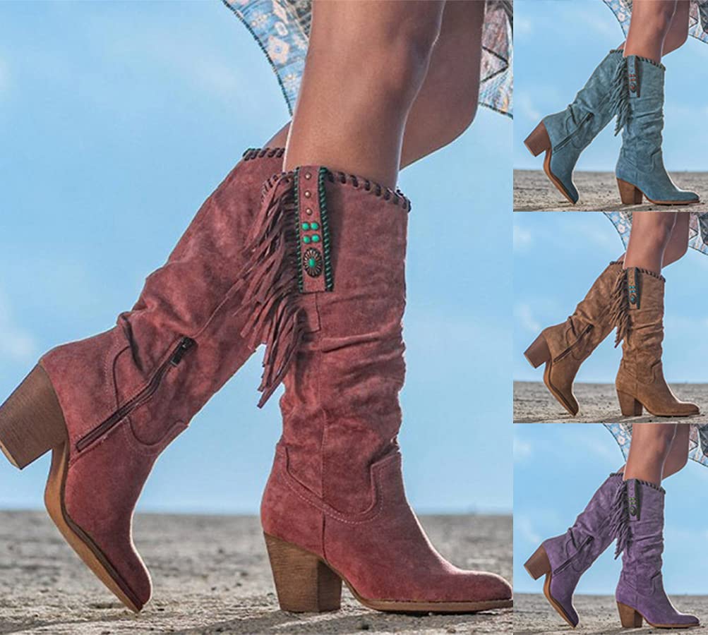 Onsoyours Botas hasta la Rodilla Holgadas para Mujer Punta Puntiaguda con Cremallera Lateral Botas de Tacón Medio GruesoBotas con Flecos Retro Botas Gruesas de Tacón Alto