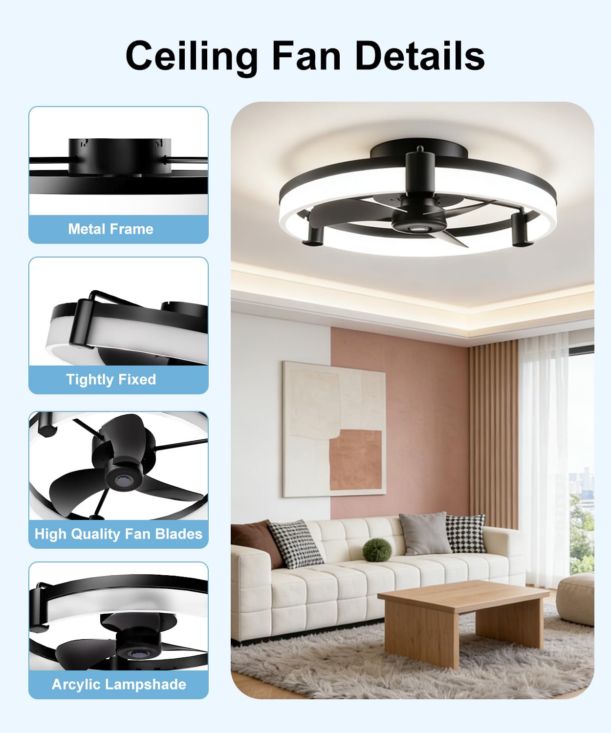 Ventilateur de Plafond Lumiere et Bluetooth APP Contrôle et Telecommande 50CM, Plafonnier Ventilateur avec 6 Vitesses et vent Réversible Dimmable LED, Timing, Mode Veilleuse, Fonction Mémoire