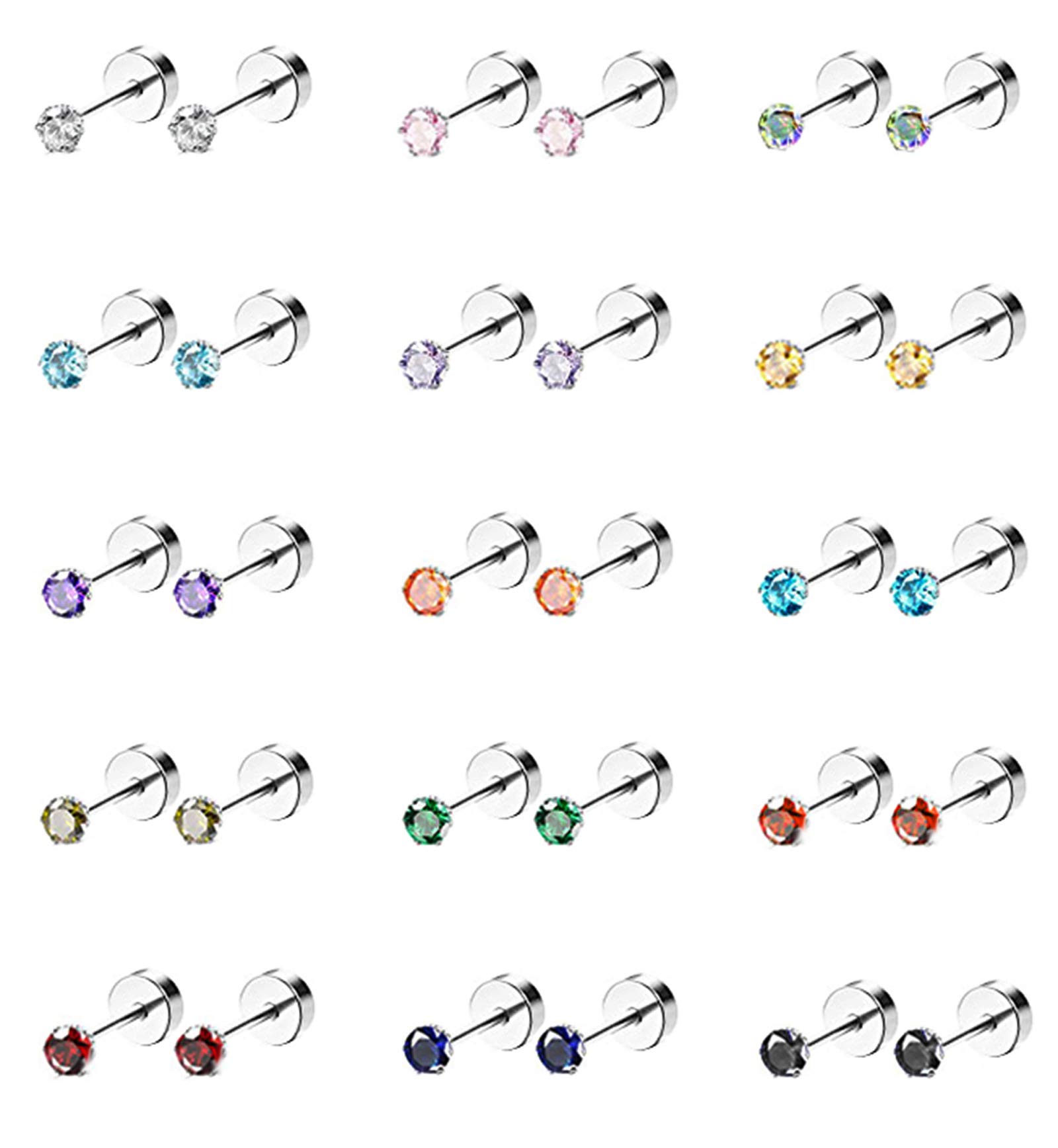 Masedy 15 Pairs 20G 316L Stainless Steel CZ Stud Earrings for Women Men Cartilage Screwback Earring Set 2-6mm